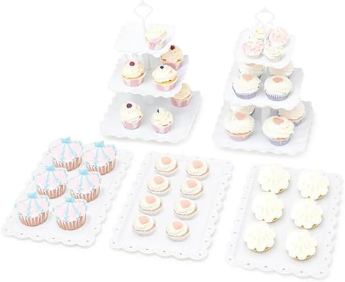 Pukkr Cake Stand & Appetiser Tray Set | 5 Piece | Plastic Cupcake 3-Tier Display | Party Christmas Birthday (Square)