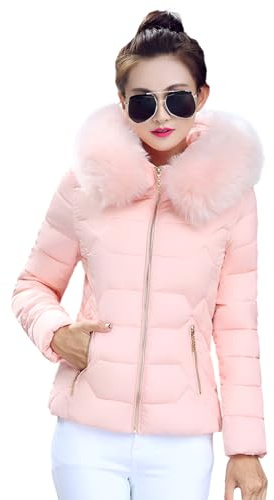 ANUFER Donna Moda Piumino Trapuntato vestibilità Slim Inverno Cappotto Corto con Cappuccio in Pelliccia Sintetica SD5A1012 Rosa L