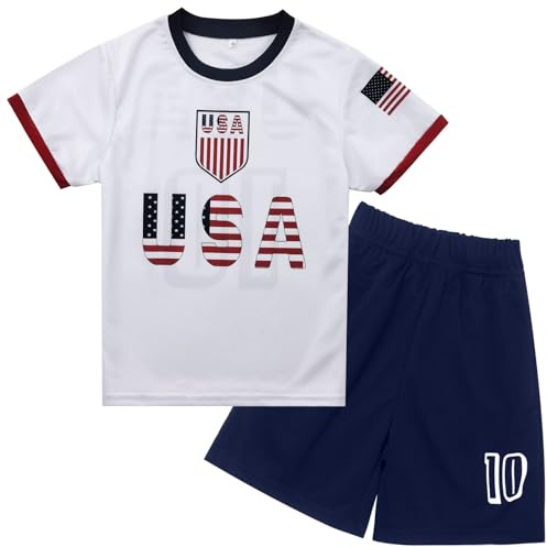 Xuomuen USA Soccer Jersey & Short for Youth Boys Baby Kids Soccer Jersey #10 Uniforms Football for Child,white,Short Sleeve,11-12Y