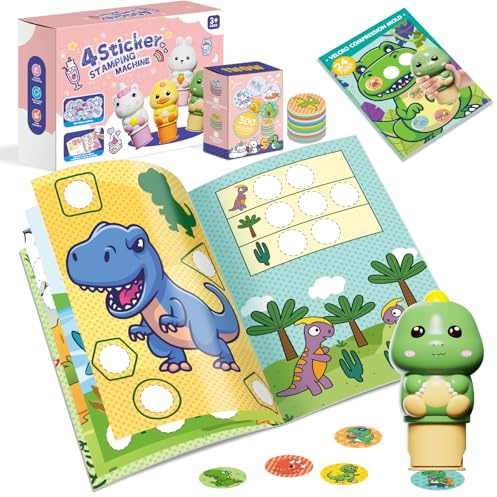 Fozcmisw Timbratore di Adesivi | Blocco Attività 24 pagine | 300 Adesivi| Giocattolo da Viaggio per Bambini a Partire da 3 4 5 6 Anni | Giocattolo Fidget per Lavoretti Artistici- Dinosauro