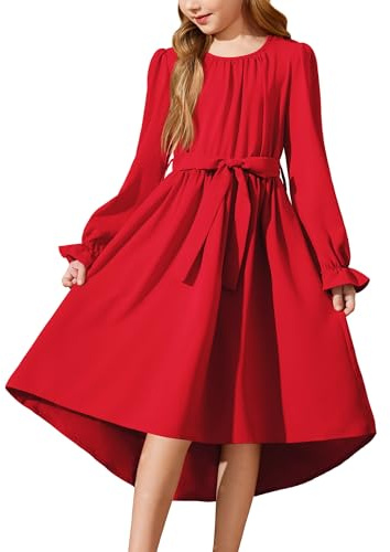 Arshiner Abito da Ragazza a Maniche Lunghe a Trapezio in Chiffon Rosso Festivo di Natale per Bambini - Autunnale, da Sera, Altalena Con Cintura - 11-12 Anni