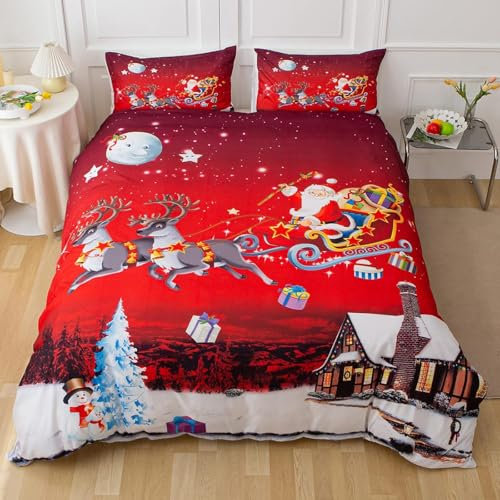 Tabeskly Kids Boy Girl Christmas Xmas Santa Claus Gifts Soft Zipper Bed Bedding Duvet Cover Set Single Red 135×200cm