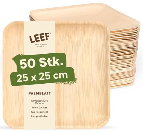 Leef 50x Palmblatt Teller eckig - Einweggeschirr kompostierbar und naturbelassen - 25 x 25 cm - umweltfreundlich - Geschirr Partygeschirr Einwegteller