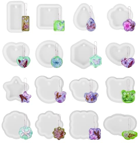 16Pcs Resin Moulds Silicone Moulds for Resin Variety Geometric Pendant Epoxy Resin Moulds Keychain Molds with Hanging Hole for DIY Craft Jewelry Making UV Resin Mold Pendant Necklace Charm Keychain