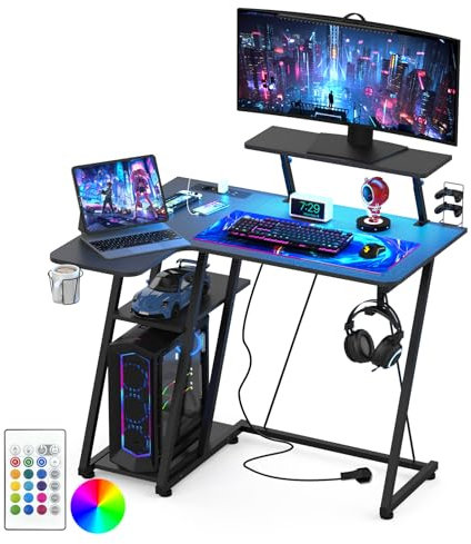 HaodaCulture Bureau Gaming LED 100x80 cm, Table Gamer avec Rangement, Table Gaming avec 2 Prises Electriques et 2 Ports USB, Support de Moniteur, pour Etudier, Jouer et Travailler