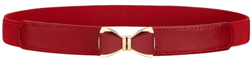 VONMELLI Cintura elastica da donna, cintura elastica sottile vintage per vestito, cintura elastica alla moda da donna con fibbia a fiocco, rosso, L-XL(81cm-94cm)