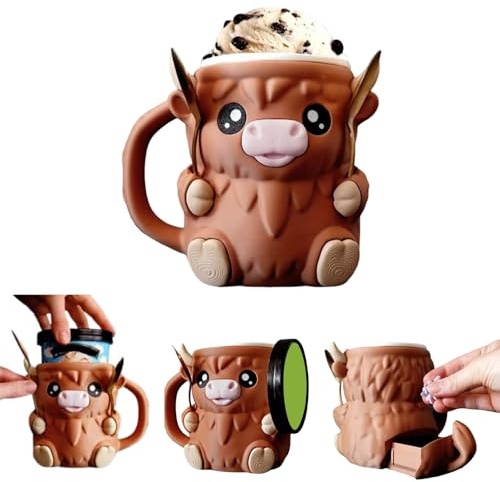 Highland Cow Ice Cream Cup Holder,Highland Cow Ice Pint Holder with Snack Drawer,Spoon,Non-Slip Base, Anti-Freeze Handle,Ice Cream Cozy Sleeve (Brown)