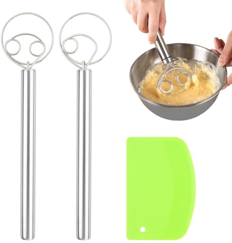 2 pezzi Frusta danese in acciaio inox + 1 tagliapasta in PP, miscelatore manuale, strumento di miscelazione del pane, aste danese, danish dough whisk per pizza dolci dolci