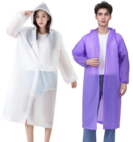 2 Pack Adult Rain Ponchos, Heavy Duty Reusable EVA Waterproof Raincoat with Drawstring Hood for Men & Women, Long 145cm Full Coverage Rainwear for Hiking, Festivals, Fishing (Fits Height 1.6-1.9m)