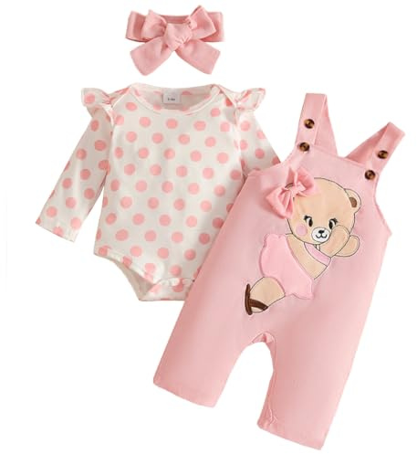 LUVCES Babykläder söt hjärtan tryck bodysuit set justerbar björn/elefant hängselbyxor höst vinter jumpsuit kläder set, B: 3 st rosa prickig björn, 18-24 M�nader