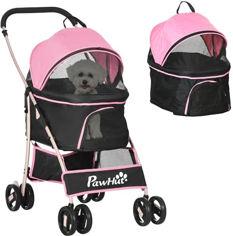 PawHut Passeggino per Cani 3 in 1 Pieghevole Convertibile in Borsa da Trasporto, Seggiolino Auto con 2 Guinzagli, Cuscino, Passeggino per Animali in Acciaio, Tessuto Oxford, 82x49.5x98cm, Rosa