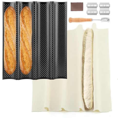 4-Slot French Baguett-e Pan Set, Non-Stick French Bread Baking Pan with Proofing Cloth and Stainless Steel Dough Cutter, Making Molds Home Baking Tools Kit for Homemade Bread (SIZE:15x13 Inch)
