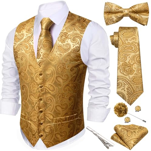 Barry.Wang Men's Paisley Jacquard Silk V-Neck Waistcoat 7PCS Suit Set - Formal Vest with Tie Bowtie Pocket Square for Wedding Business Gold
