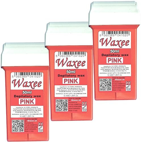 Waxee Compatible for Veet EasyWax 50ml roll on Wax Replacement Roller Wax Cartridge Pink (3 x 50ml roll on wax cartridge)
