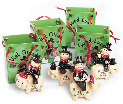 Logbuch-Verlag 4 Schornsteinfeger Figuren auf Glücksschwein 7,5 cm mit Mini Tüte VIEL GLÜCK - Geschenk Glücksbringer Silvester Neujahr