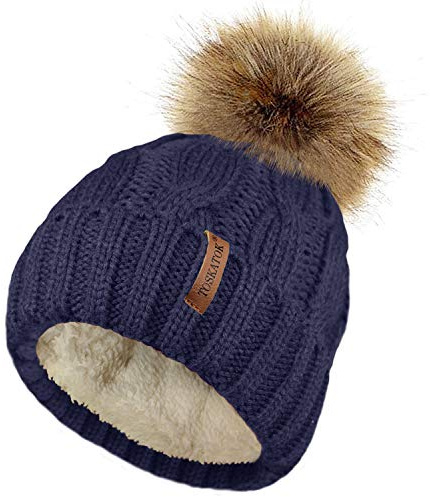 TOSKATOK Ladies Chunky Soft Cable Knit Hat with Cosy Fleece Liner and Detachable Faux Fur Pompom-Navy