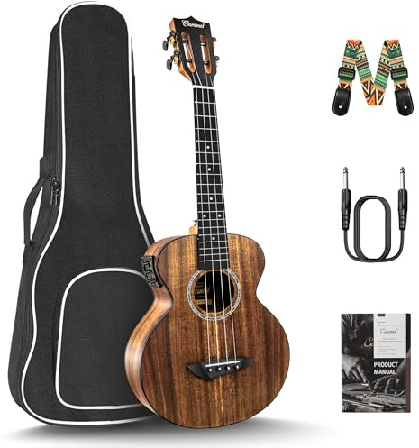 Caramel 26inch CT204 All Solid Acacia Wood Tenor Electric Ukulele Professional Ukelele Kit Beginner Guitar Starter Bundle Strings, Padded Gig Bag, Strap
