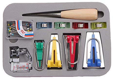 SUPERTOOL Schrägbandformer Set von 11 Schrägbandformer Werkzeuge, Schrägbandformer Set Nähen Quilting Maschine Werkzeuge mit Band Bindung Nähfuß Quilting Ahle Ball Pins Nähen Clips