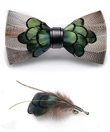 JEMYGINS Noeud Papillon Homme Bleu Jaune en Plume en Plume Fait Main et Broche Ensemble Compris boîte