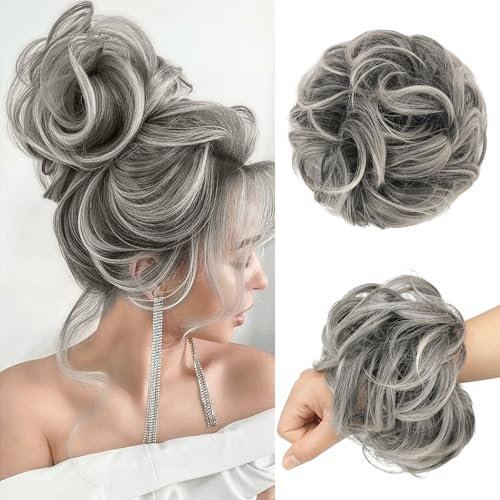FESHFEN Chignon Finto per Capelli, Elastici Chignon Finti Sintetica Ondulato Capelli Naturale Coda di Cavallo Nero grigio e bianco Posticci per Capelli Spessi Updo per Donne Ragazze, 55g