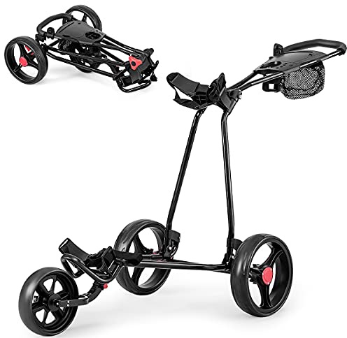 COSTWAY Folding Golf Push Pull Cart, Lightweight 3 Wheels Golfs Trolley with Foot Brake, Umbrella & Cup Holder, Adjustable Handle and Storage Bag (Black)