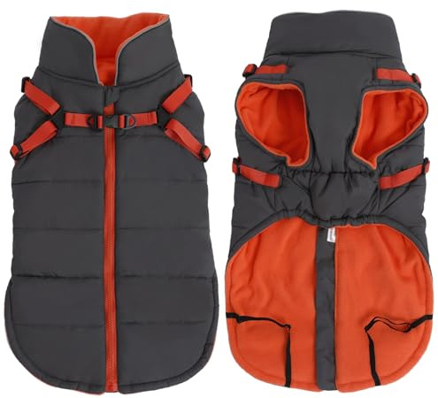 babepet Waterproof Dog Coat with Harness,Small Dog Coat Jacket,Reflective Puppy Clothes with Adjustable Chest Strap,Pet Fleece Lined Jumper for Outdoor-Gray-XL