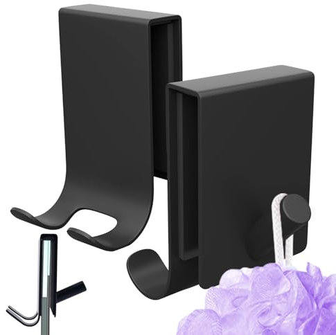 Cimown 2 Pcs Shower Glass Door Hooks, Shower Screen Hooks, No Drilling, with Protective Backing, Stainless (Black, Short-Length, Two Hooks)