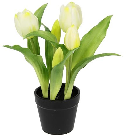 Flair Flower Künstliche Tulpen im Topf Real-Touch Blüten Frühlingsdeko Osterdeko Tulpe Tulpenstrauß Latex Kunsttulpe Einzelblumen Kunstblumen Blumen Tischdeko Dekoration Stielblume Seidenblume, Creme