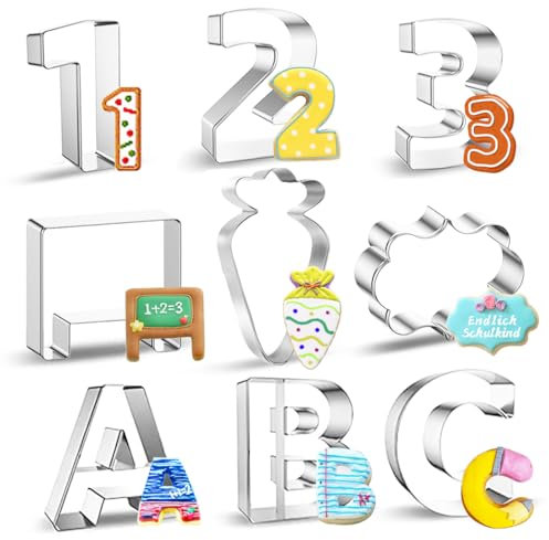 Schulanfang Ausstechform,9Pcs Schuleinführung Plätzchen Ausstecher,Edelstahl Einschulung Keksausstecher,Lehrer Keksschneider,Cookie Cutter aus Zuckertüten ABC 123 Buch schwarzes Brett