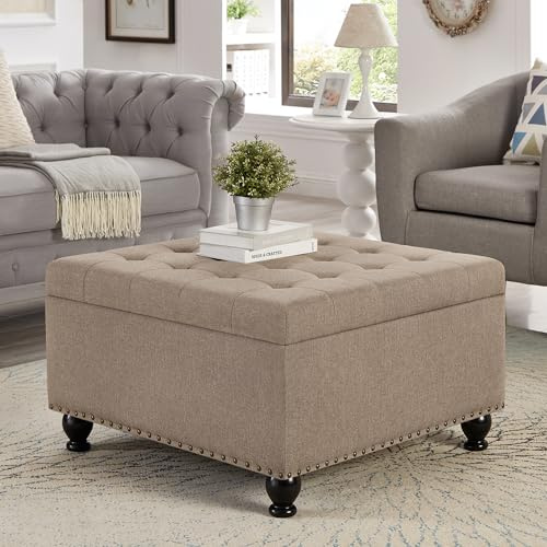 BAOMKONG Upholstered Square Ottoman, 30 Inch Linen Fabric Button Tufted Storage Ottoman with Wooden Legs Coffee Table with Nail Trims 4 in 1 Storage Chest Footrest Padded Seat End Table, Khaki