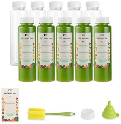 Restaurantware-Bottle Tek 12 Ounce Juice Bottles For Juicing, 10 Round Bottles With Caps - Includes 10 Labels, 1 Brush, And 1 Funnel, Clear Plastic Empty Juice Containers, For Smoothies