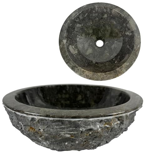 Lendo Online Lavabo rond 40x40x15 cm - Marbre - Pierre naturelle - Évier de salle de bain - Vasque à Poser de Toilette - Brillant - Lave-mains moderne (Gris)