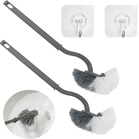 Gvolatee 2 Piezas Escobillas de Baño, Escobilla Baño con 2 Gancho Pegajoso, Escobilla de Baño en Forma de S, Cepillo WC con Limpiador de Bordes, Cepillo Inodoro para Limpieza Profunda de Baño