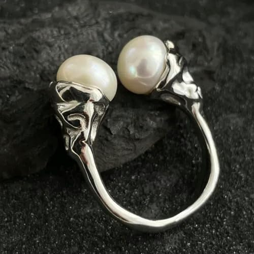 Anillos de Compromiso con Perlas Blancas Grandes para Mujer, Hermosos Anillos de Plata 925, Ajustables, de tamaño Abierto, de Plata