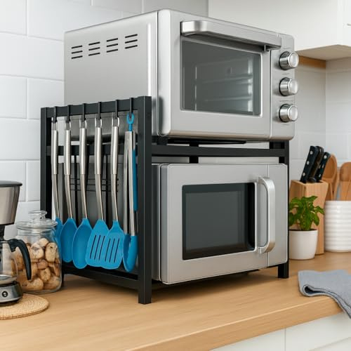 WaveRack - Expandable Microwave Shelf Stand Durable Steel, 2 Tier Countertop Rack for Kitchen Storage & Organisation with Hooks, Knife & Cutlery Holders, Space Saving Over Microwave Shelf Unit