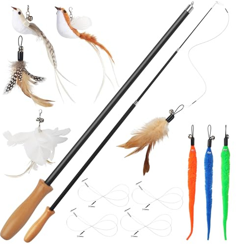 LIAILA 14 pièces Jouet Chat, plumeau Chat Ensemble Contient 2 Longues Canne à pêche Chat(42-110 cm), 4 Lignes de pêche, 2 Oiseaux, 3 Plumes et 3 vers. Jouet Chat interactif avec Cloche