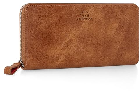 BROWN BEAR Reißverschluss Geldbörse Damen Leder lang mit Münzfach | Echtleder Vintage Braun | RFID-Schutz | Portemonnaie | Geldbeutel | BB Conny CBR