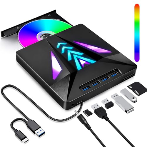 FZZTEC Lettore CD/DVD Esterno per PC Portatile, Masterizzatore DVD Esterno Unità Esterna CD/DVD Velocità 5 Gbps 4 Porte USB 3.0 -/+RW/ROM per Windows 11/10/8/7/XP/Vista, Linux, MacOS, Laptop, Desktop