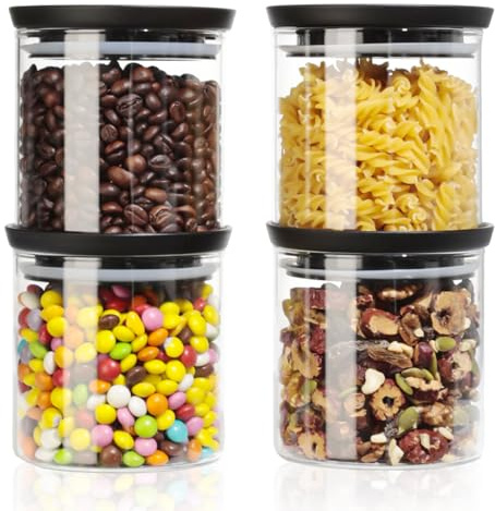 Romon Barattolo Vetro Con Coperchio, Set Di 4 (600ml Ciascuno), Trasparente impilabile, Contenitore Ermetico per Alimenti per conservare cereali, biscotti, pasta e caffè in grani