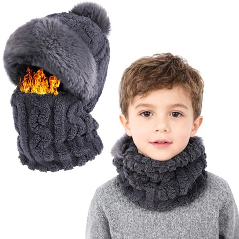 TAGVO Gorro y Bufanda de Punto Holgado Invierno para Unisex Niños, 3 en 1 Gorro Beanie con Pompón de Térmico Elástico Transpirable Forro Polar, Pasamontañas Balaclava Esquí Ciclismo para Niños y Niñas