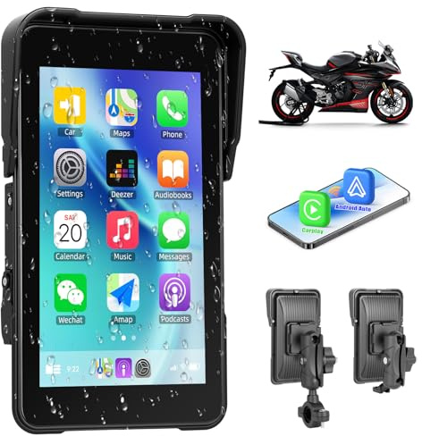 CAMECHO Motorcykel Carplay GPS skärm med trådlös Carplay Android Auto IP68 vattentät navigationsenheter, 5 tums pekskärm Bluetooth-display för motorcyklar 12 V