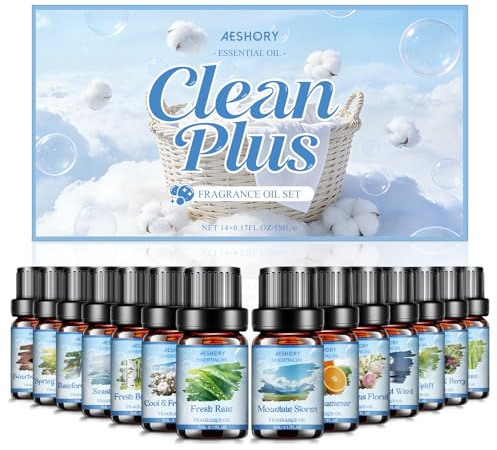 AESHORY Set med Essentiella Oljear för Renhet Plus 14 x 5ML, Fräsch Ren Doft för Luftfuktare - Ren Rengöring i April, Fantastisk Blomma, Frisk Regn, Vårvaknande