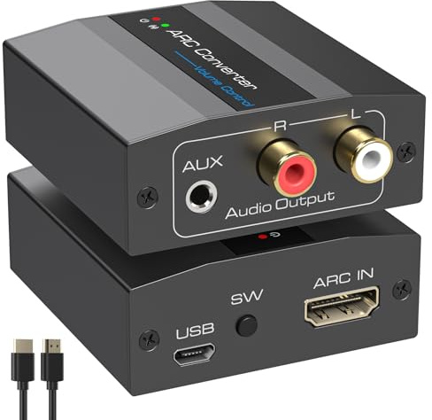 VEDINDUST HDMI ARC Adapter ARC Audio Extraktor RCA L/R 3,5 mm AUX Stereo mit USB-Netzversorgung & HDMI-ARC Kabel Aluminiumlegierung für PS4/5 HDTV Verstärker