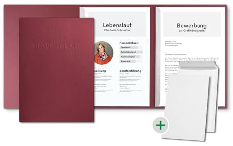 10 Stück 3-teilige Bewerbungsmappen Bordeaux in feinster Lederstruktur - inkl. 10 Versandumschläge in Weiß - mit 2 Klemmschienen und hochwertiger Prägung ''BEWERBUNG'' - direkt vom Hersteller STRATAG