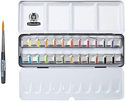Schmincke Aquarellfarbe, Akademie Aquarell Malkasten, Metallkasten, 24 x 1/2 und Da Vinci XS Synthetic Brush Voyage Näpfchen Made in Germany