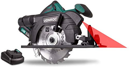VONROC Sega circolare a batteria VPOWER 20V, 150 mm. Include una batteria 2.0Ah, un caricabatterie, una lama per sega, guida parallela e sacca portautensili