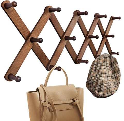 OROPY Wood Accordion Wall Hanger, Expandable Coat Rack Wall Mount with 14 Pegs, Expanding Hat Rack for Wall, X Shape, 27×10, Walnut Color