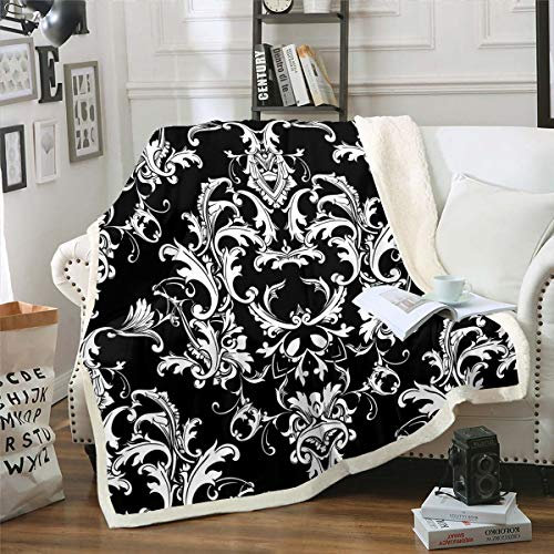 Loussiesd Mädchen Damast Aufbringen Wohndecke Boho Damast Decke 150x200cm für Frauen Erwachsene Schwarz Weiß Barock Stil Kuscheldecke Europäisches Aufbringen
