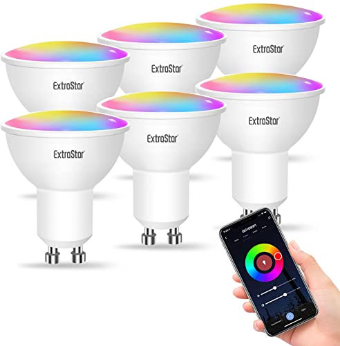 EXTRASTAR WiFi Smart Bulb GU10 6W, Work with Alexa and Google Home, Colour Changing Dimmable, RGB LED Spotlight Bulbs, Voice Control, SmartLife App Remote Control, 480LM, 6pcs(Only 2.4GHz)