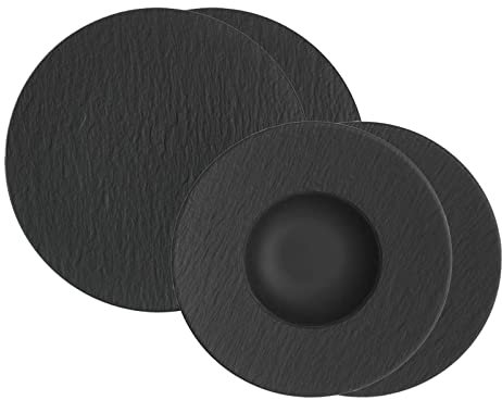 Villeroy & Boch Manufacture Rock Service à pizza et pâtes pour 2 personnes, vaisselle aspect ardoise, porcelaine de qualité supérieure, passe au lave-vaisselle/au micro-ondes, noir
